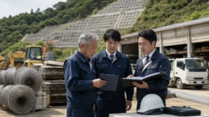 法面工事現場で施工班の継続を相談する経営者