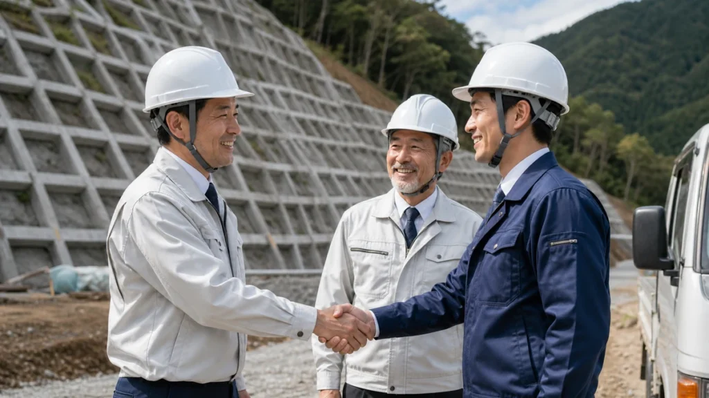法面工事現場で握手する経営者と施工担当者