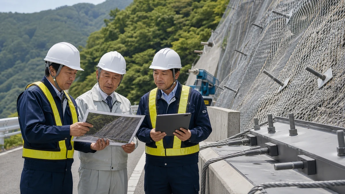 法面保護工の施工現場で専門性を確認する技術者
