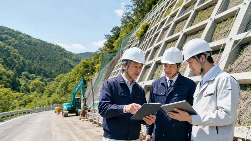 高知県 法面工事 M&Aで豪雨後の山間道路維持補修を確認する経営者と技術者