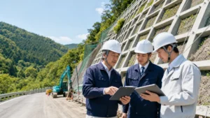 高知県 法面工事 M&Aで豪雨後の山間道路維持補修を確認する経営者と技術者