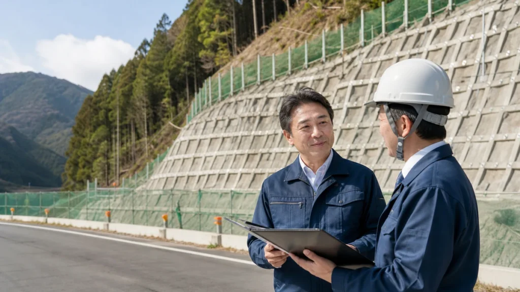 法面保護工の現場で相談する作業着の経営者と担当者
