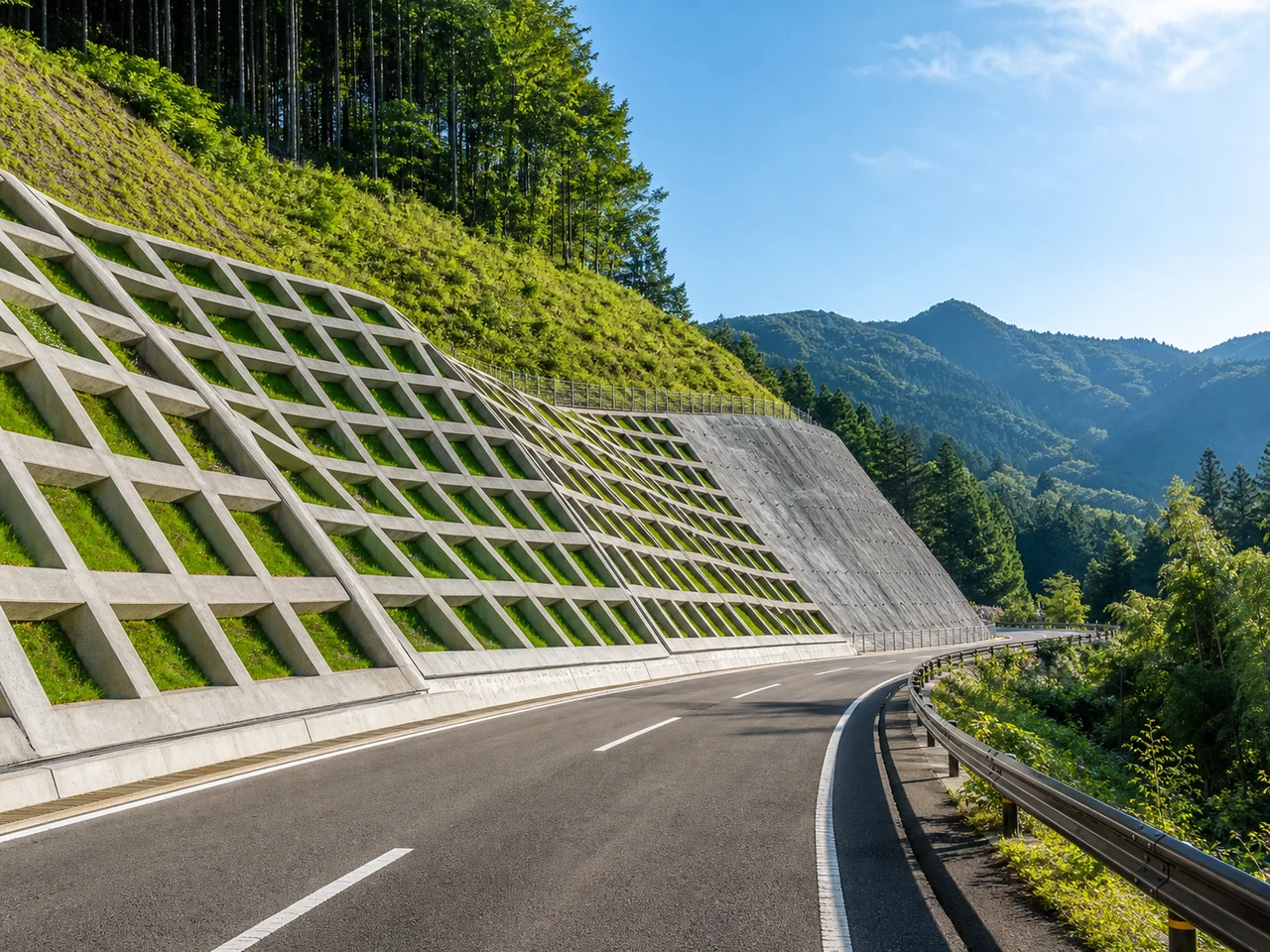 法面保護工の完成現場と山間道路のインフラ写真
