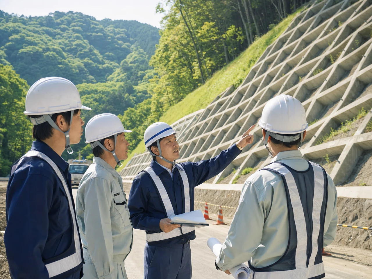 法面工事現場で施工前の安全確認を行う技術者チーム