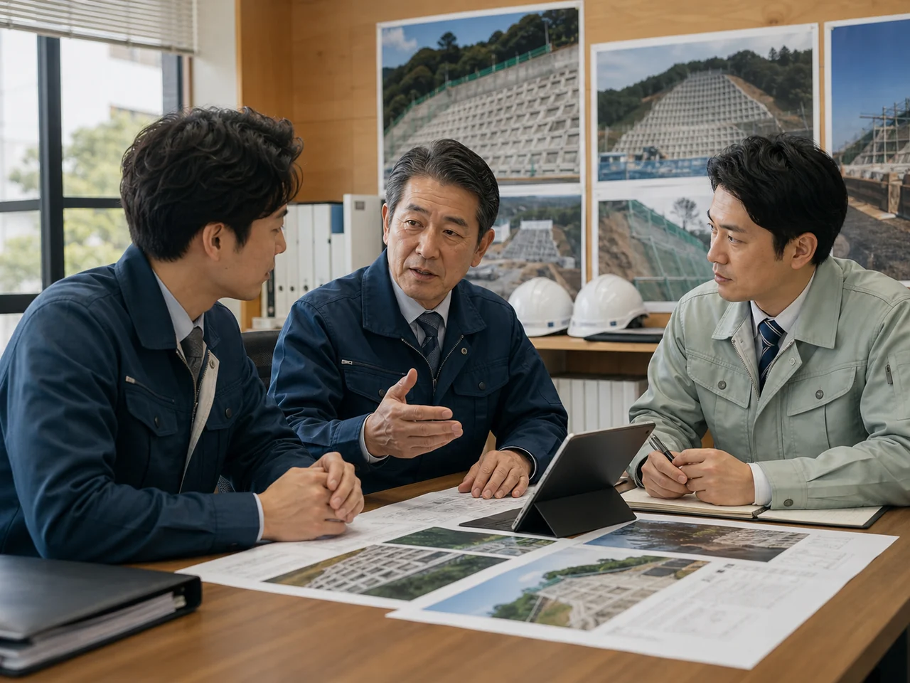 法面工事会社の経営者と後継候補が事業承継を相談する様子