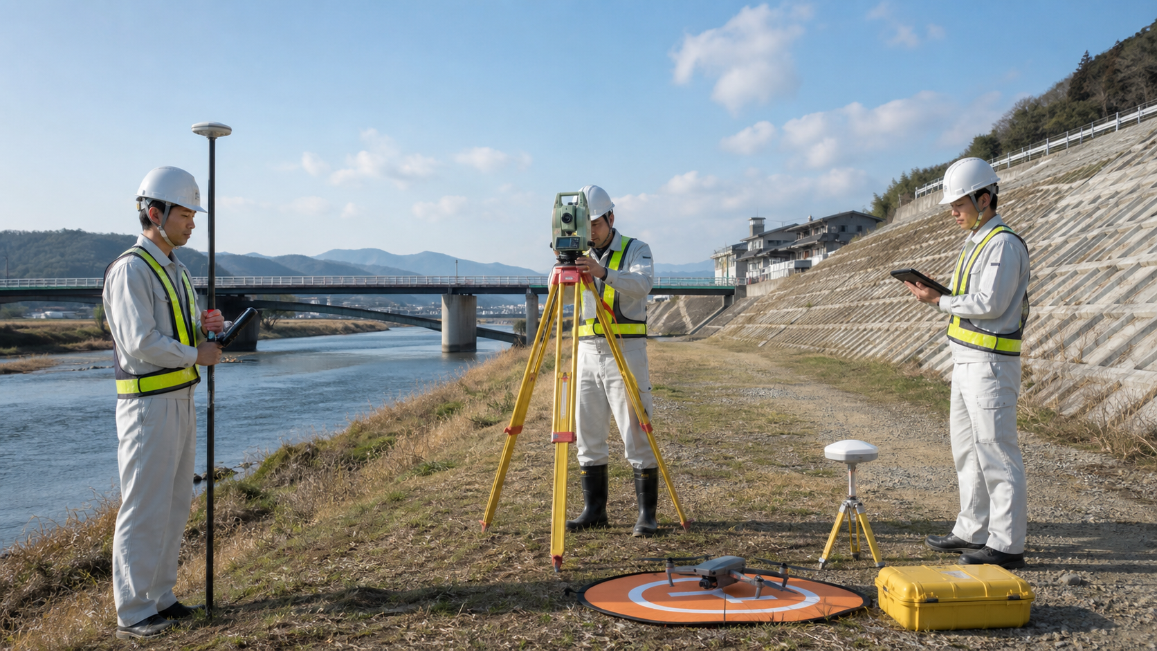 川沿いで測量機器を操作する3人とドローン（説明用イメージ）