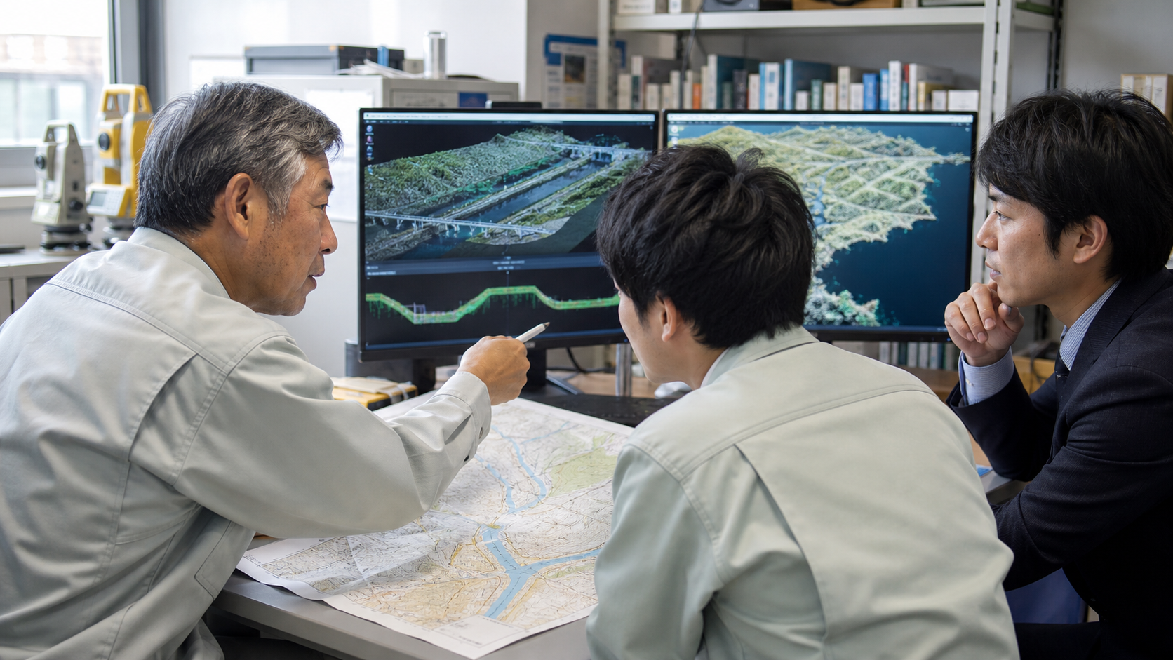 画面の三次元点群と図面を確認する打ち合わせ（説明用イメージ）
