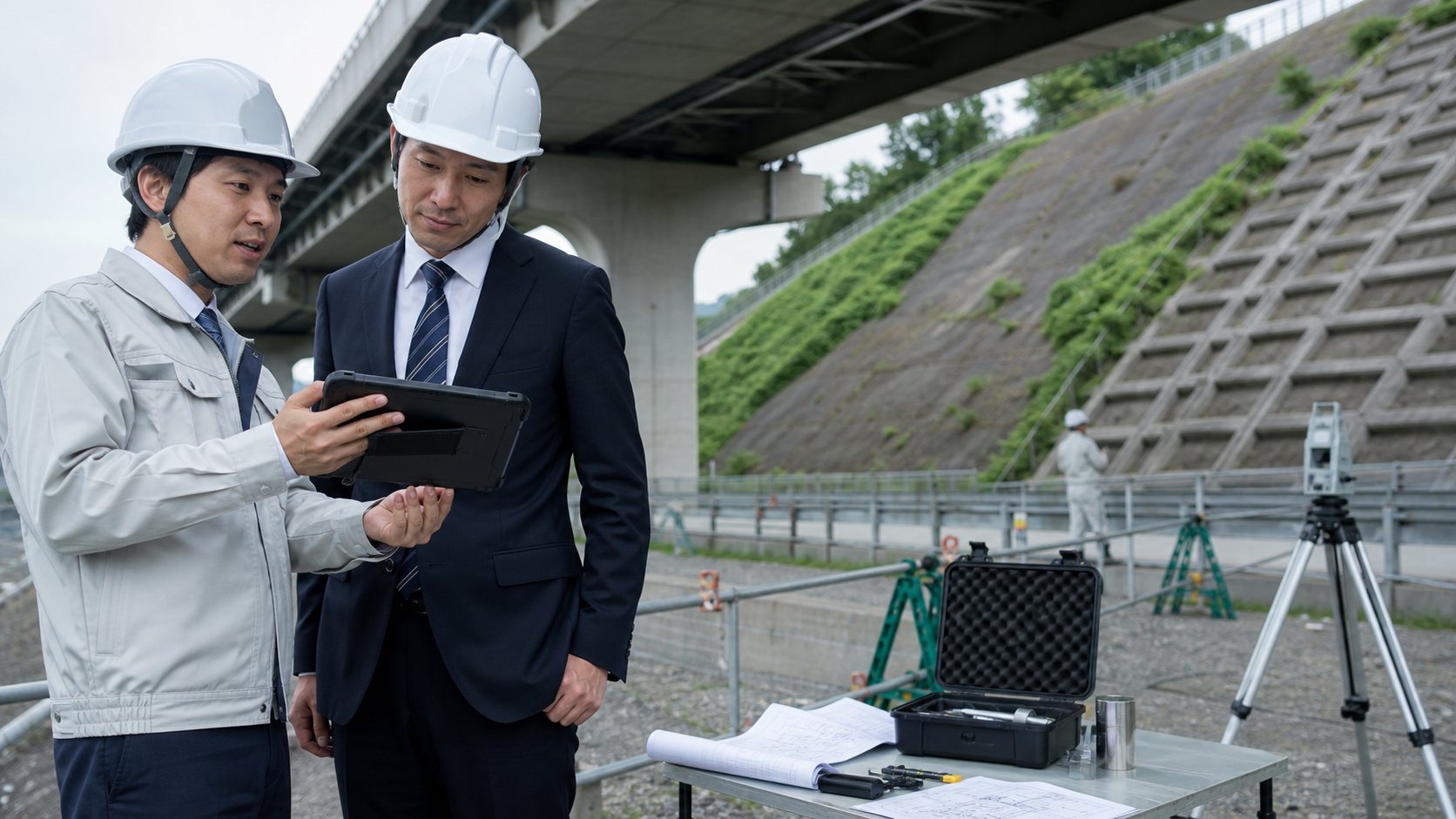 橋梁と法面の近くでタブレットを確認する2人（説明用イメージ）
