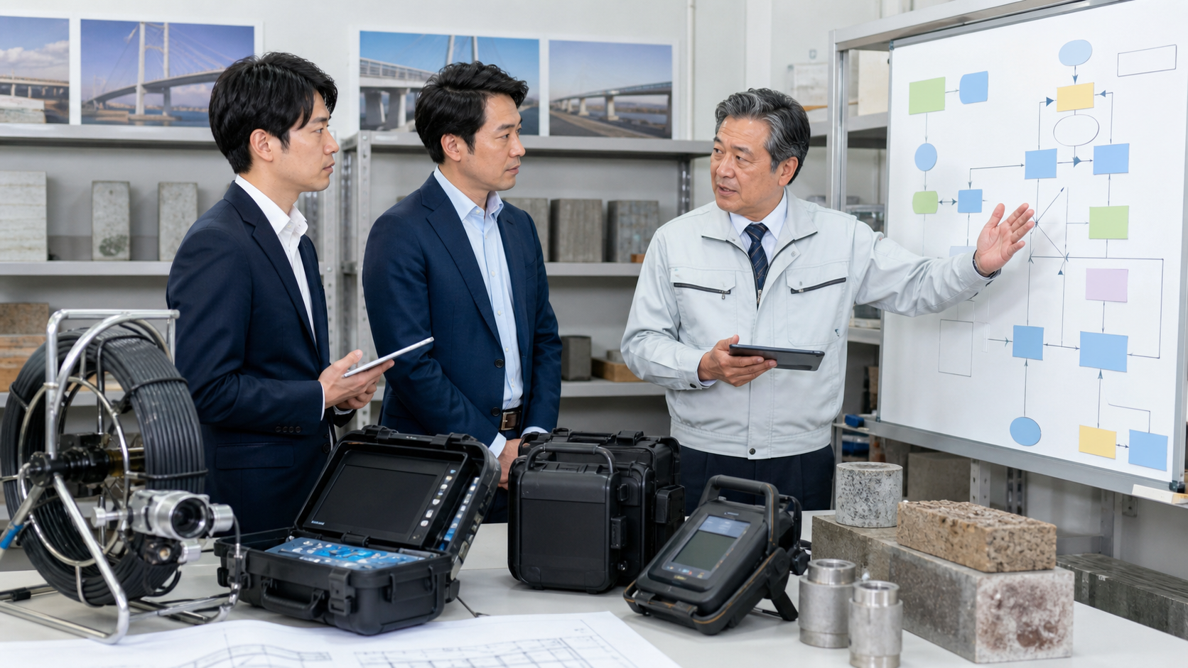 点検機器を並べ、作業の流れを確認する3人（説明用イメージ）