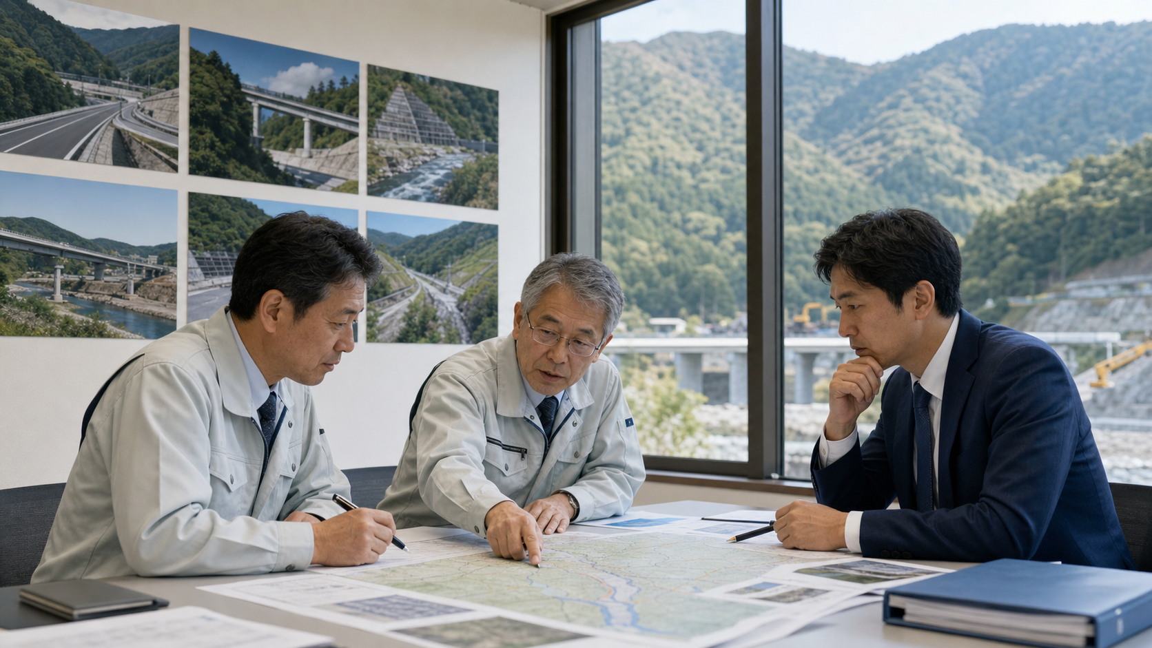 地図と工事資料を確認する3人の相談風景（説明用イメージ）
