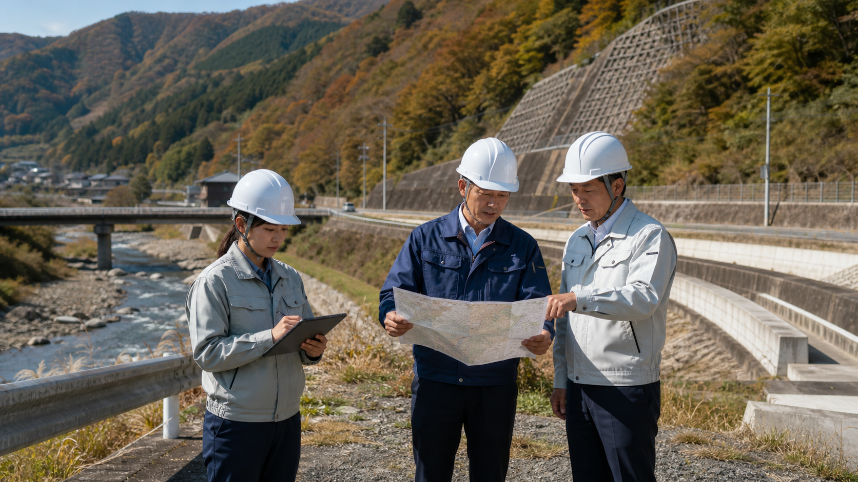 川沿いの道路と法面を背に地図を確認する3人（説明用イメージ）
