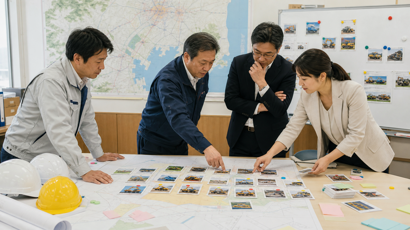 工事写真と地図を机に広げて打ち合わせる4人（説明用イメージ）