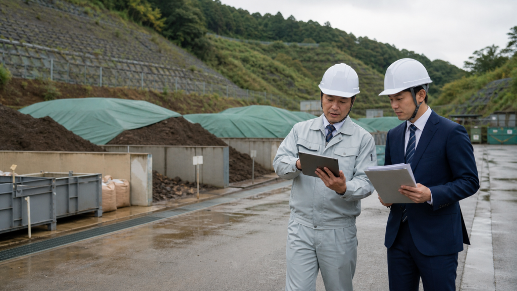 法面工事 M&A 環境DDで建設発生土の保管状況を確認する担当者