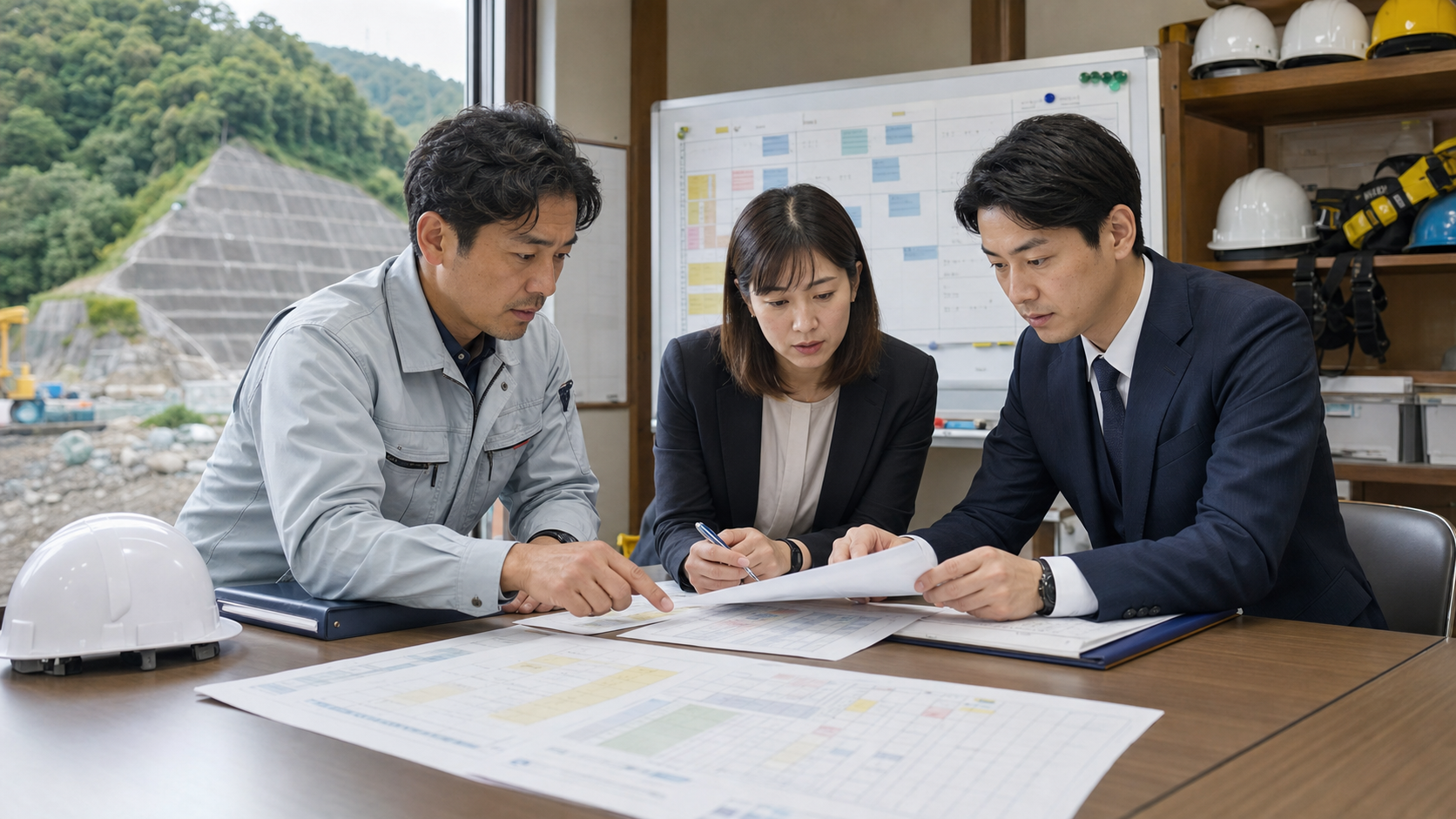 法面工事 M&A 労務DDで勤務計画を確認する現場責任者と専門担当者