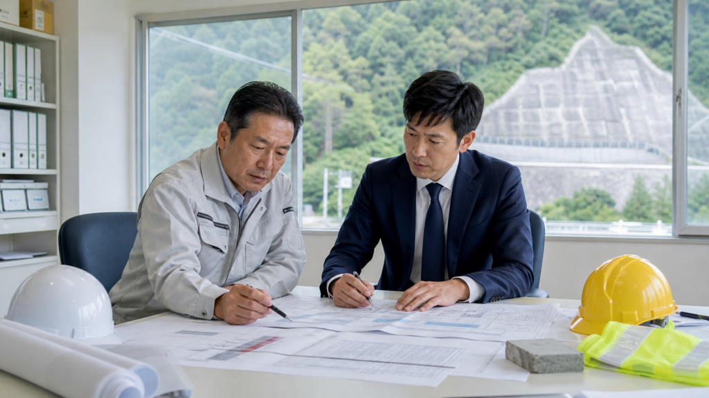 法面工事 M&A 価格転嫁の設計変更資料を確認する経営者とM&A担当者