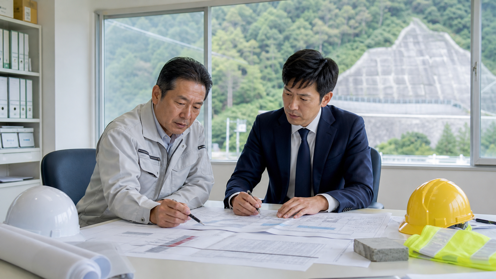 法面工事 M&A 価格転嫁の設計変更資料を確認する経営者とM&A担当者