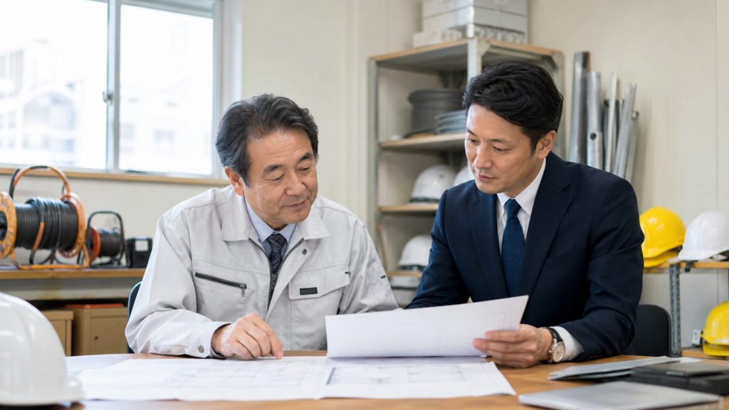 岐阜県 法面工事 M&Aの承継資料を確認する経営者と専門担当者