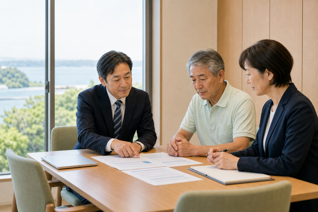 会議室で書類を見ながら相談する3人