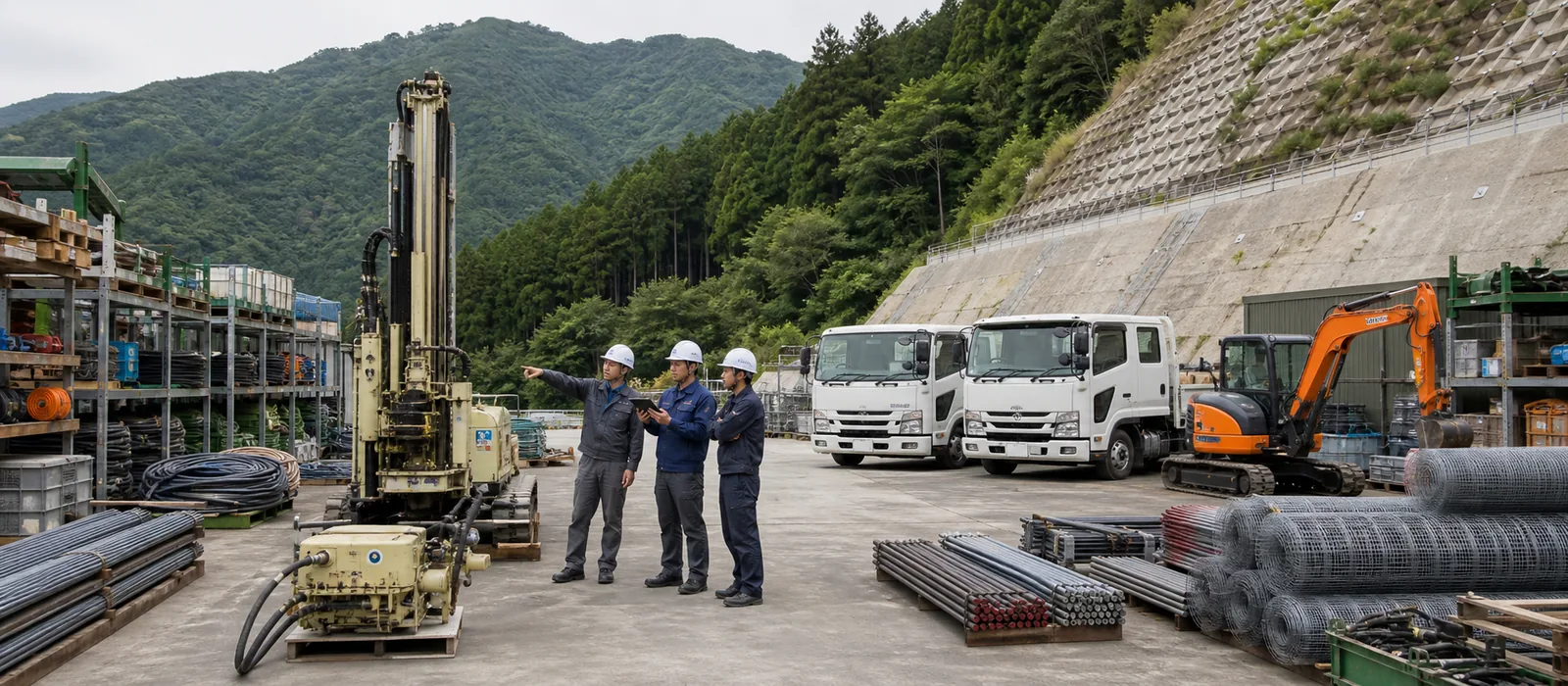 法面工事会社の機材置場と施工車両
