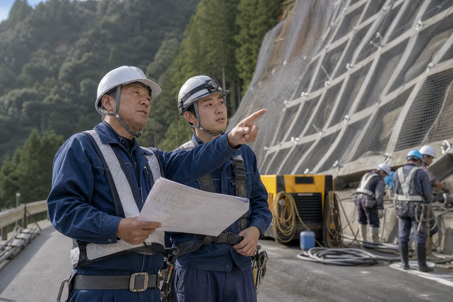 法面工事現場で承継計画を確認する担当者