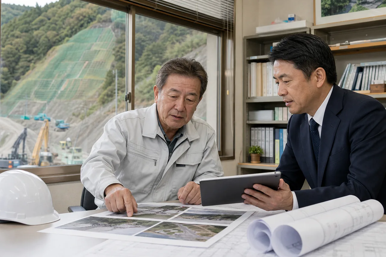 法面工事会社の経営者と担当者が施工写真や図面を確認する様子