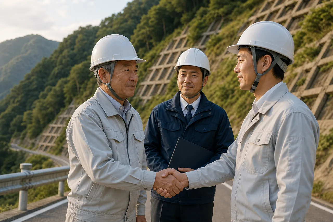 法面工事会社の事業承継について合意する経営者と担当者